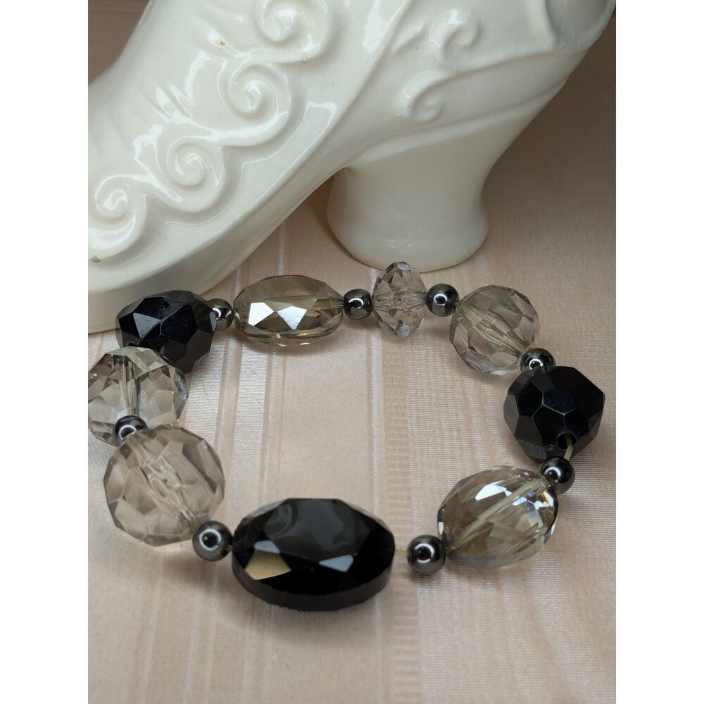 3/$15 Crystal Stretch Bracelet Black Clear Beads Dressy Monochromatic